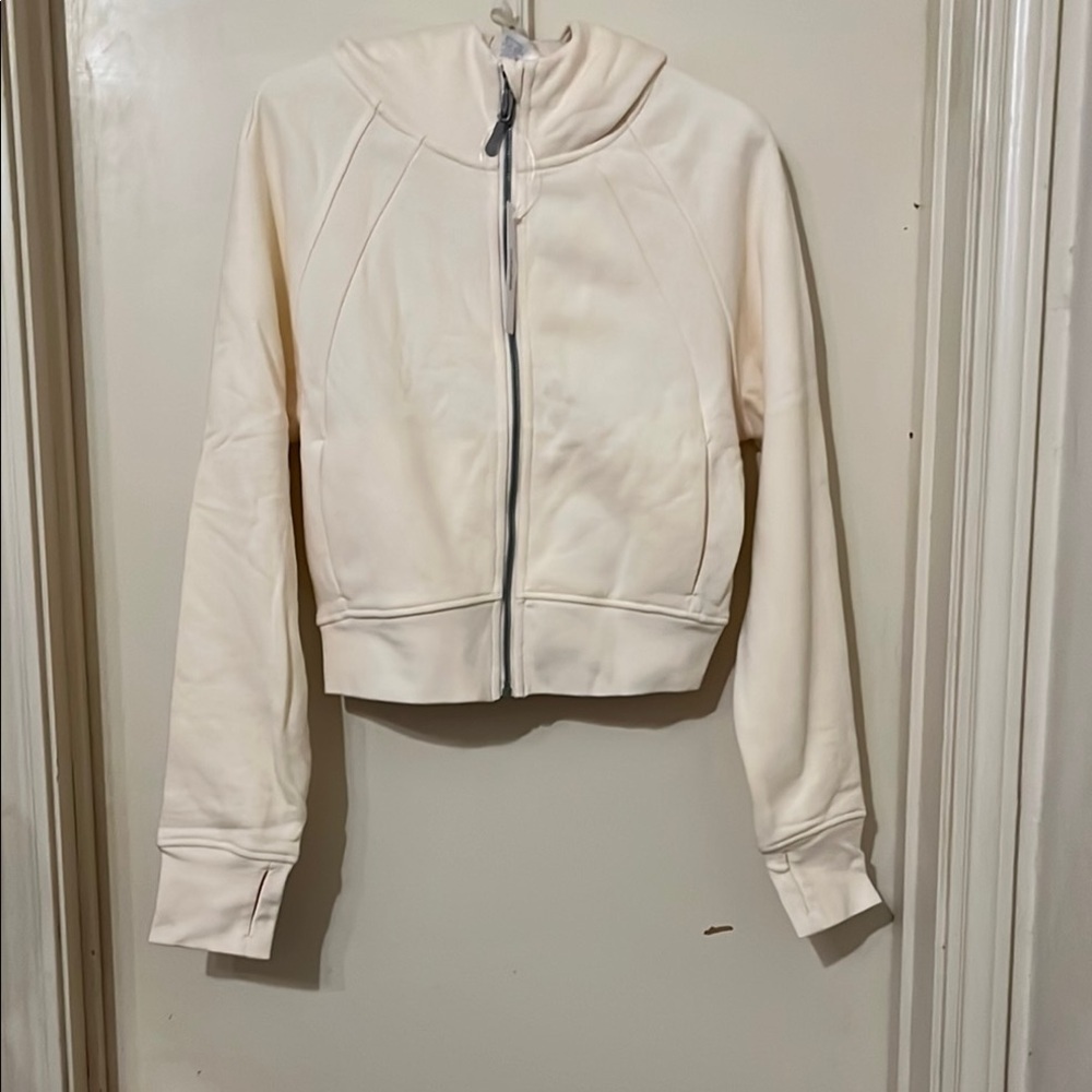 Ododos Full-Zip Cropped Hoddie Fleece Lined Thumb Holes Cream Color Small